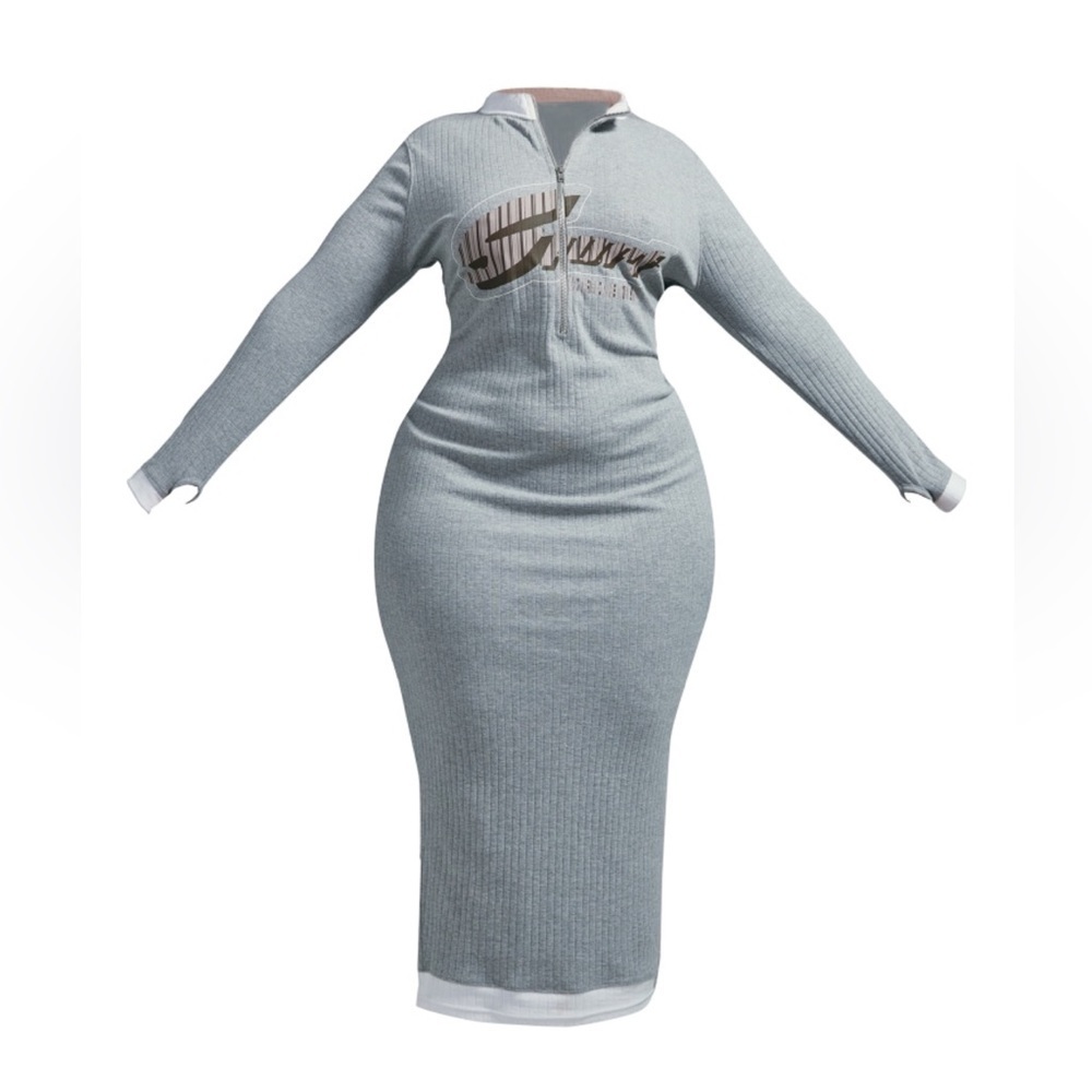 PRETTYLITTLETHING Plus Grey Marl Printed Rib Zip Up Midi Dress​​
